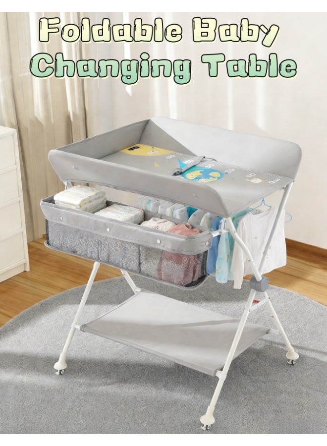Baby Changing Table, Portable Folding Diaper Changing Station with Wheels, Adjustable Height, Mobile Nursery Organizer with Safety Belt and Large Storage Racks for Newborn Baby and Infant - Image 1